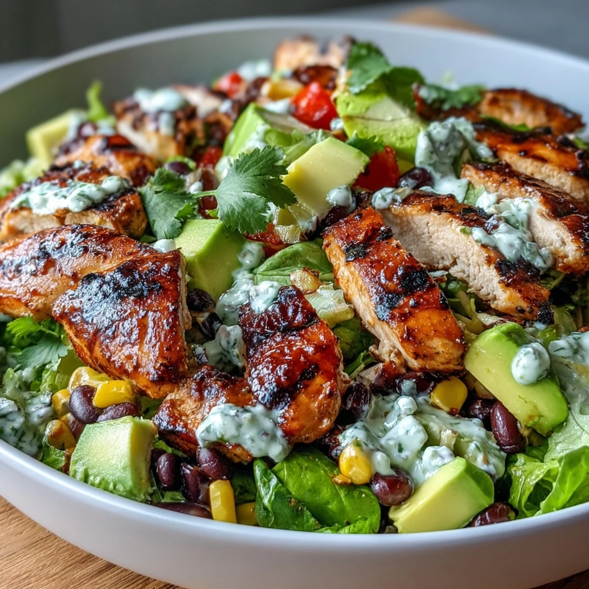 Southwest Chicken Power Salad with Black Beans and Corn, featuring grilled chicken, fresh corn, and black beans over mixed greens, drizzled with zesty lime-cilantro dressing.  