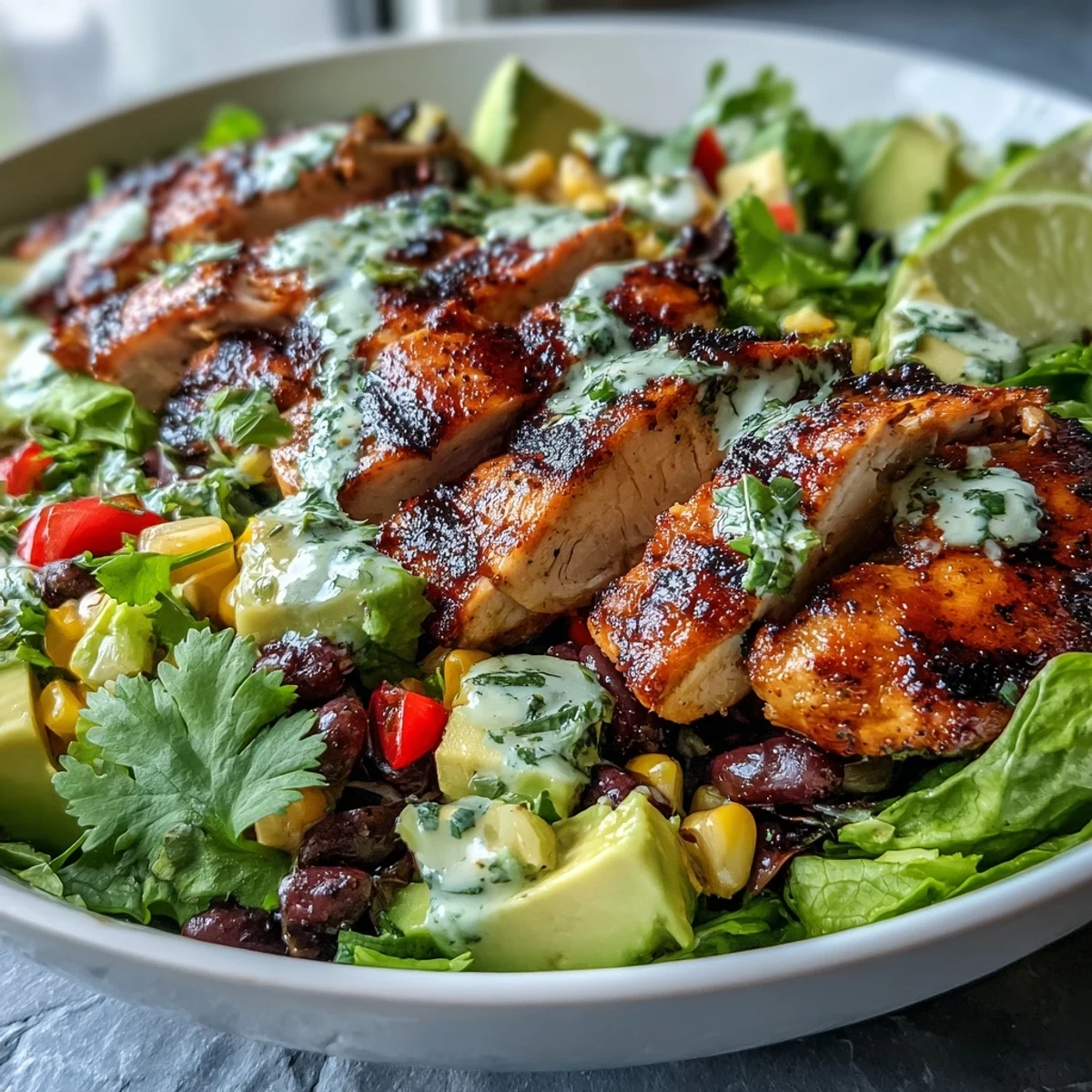 Colorful Southwest Chicken Power Salad with Black Beans and Corn, served with sliced grilled chicken, vibrant veggies, and a tangy cilantro-lime dressing.
