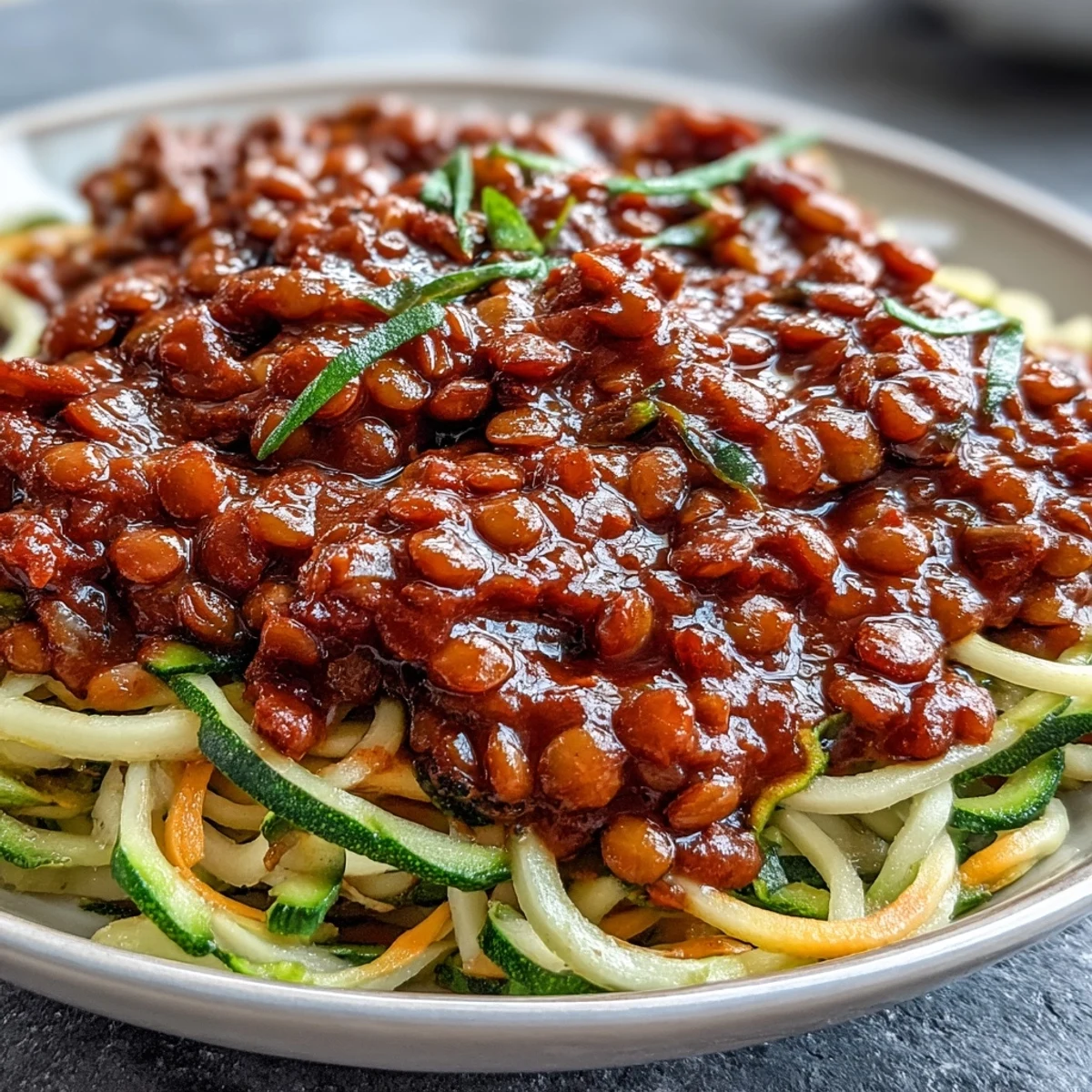 A hearty plant-based Bolognese made with protein-rich lentils and rich tomato sauce, served over crisp spiralized zucchini and carrots for a healthy, gluten-free meal.  