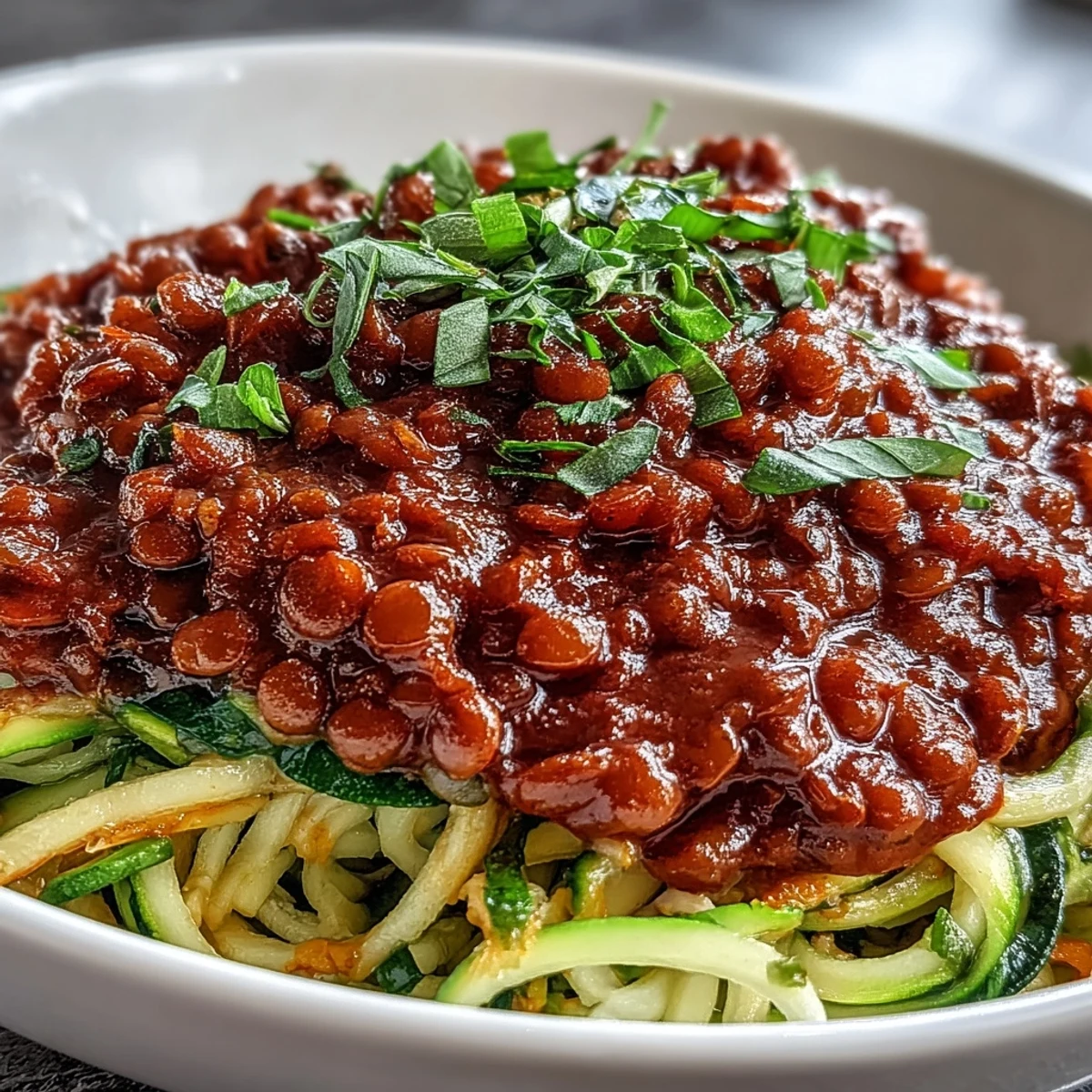 A vibrant bowl of vegan lentil Bolognese served over fresh spiralized zucchini and carrots, topped with chopped basil and a sprinkle of nutritional yeast.  