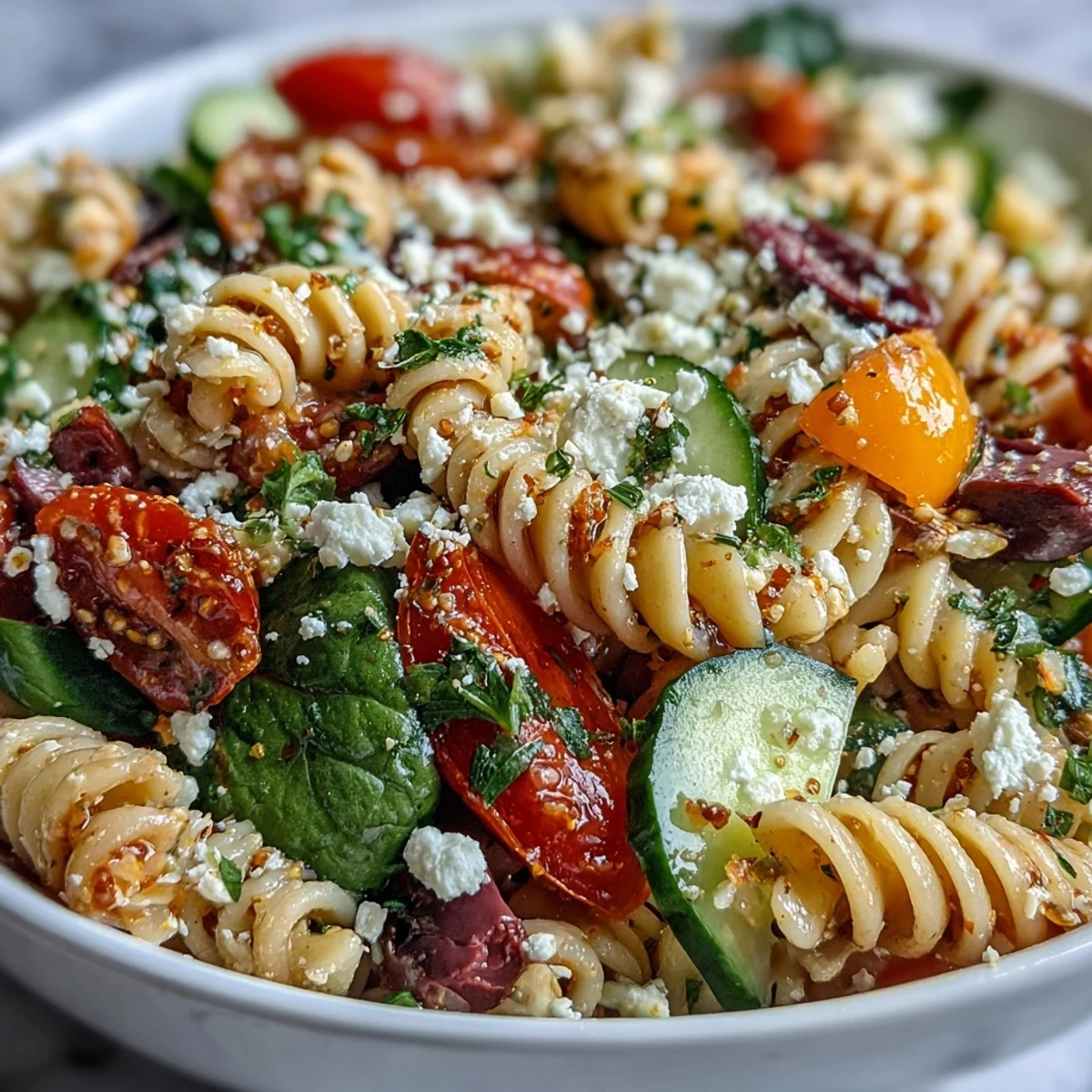 Colorful Summer Slim Greek pasta salad with extra veggies and light feta, showcasing vibrant bell peppers, spinach, and kalamata olives for a refreshing Mediterranean lunch.