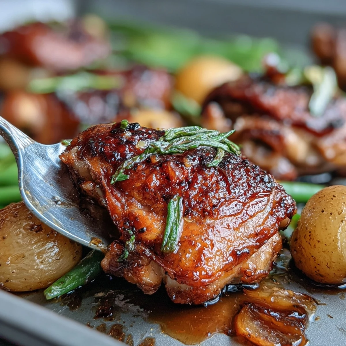 Honey Garlic Sheet Pan Chicken with Green Beans and Baby Potatoes, roasted to golden perfection with a glossy honey garlic glaze.  