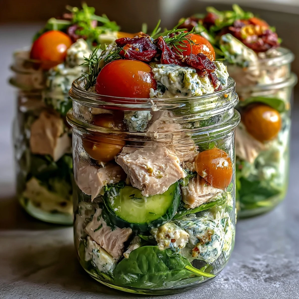 Keto avocado chicken salad mason jars with fresh spinach, tomatoes, and cucumber in a zesty lime dressing.