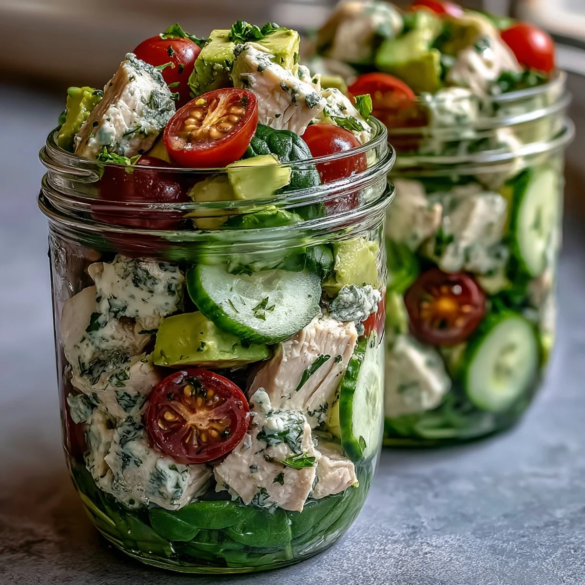 Layered mason jar salad featuring creamy avocado, shredded chicken, and crisp vegetables for a healthy keto meal prep.