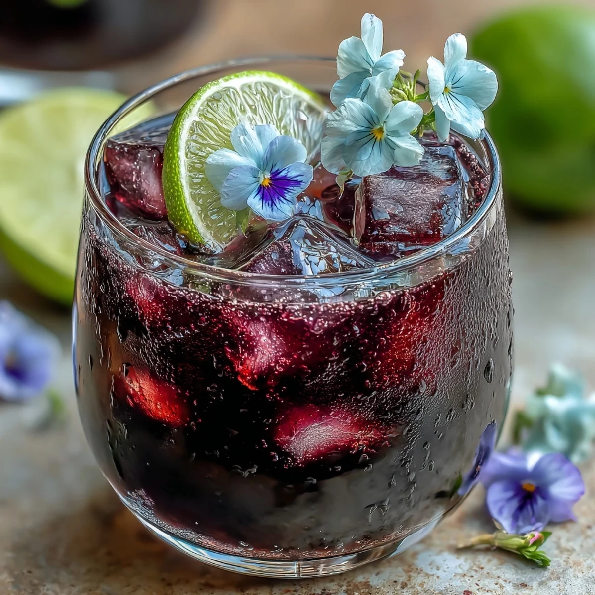 Vibrant black currant gin cocktail with fresh lime and edible flower garnish in a chilled glass.  