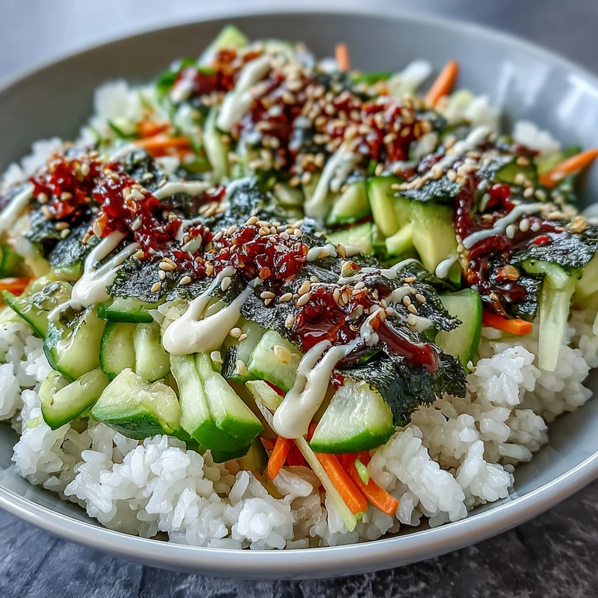 Fresh and flavorful seaweed snack sushi bowl packed with julienned vegetables, tender fish, and a zesty Sriracha-lime drizzle.  