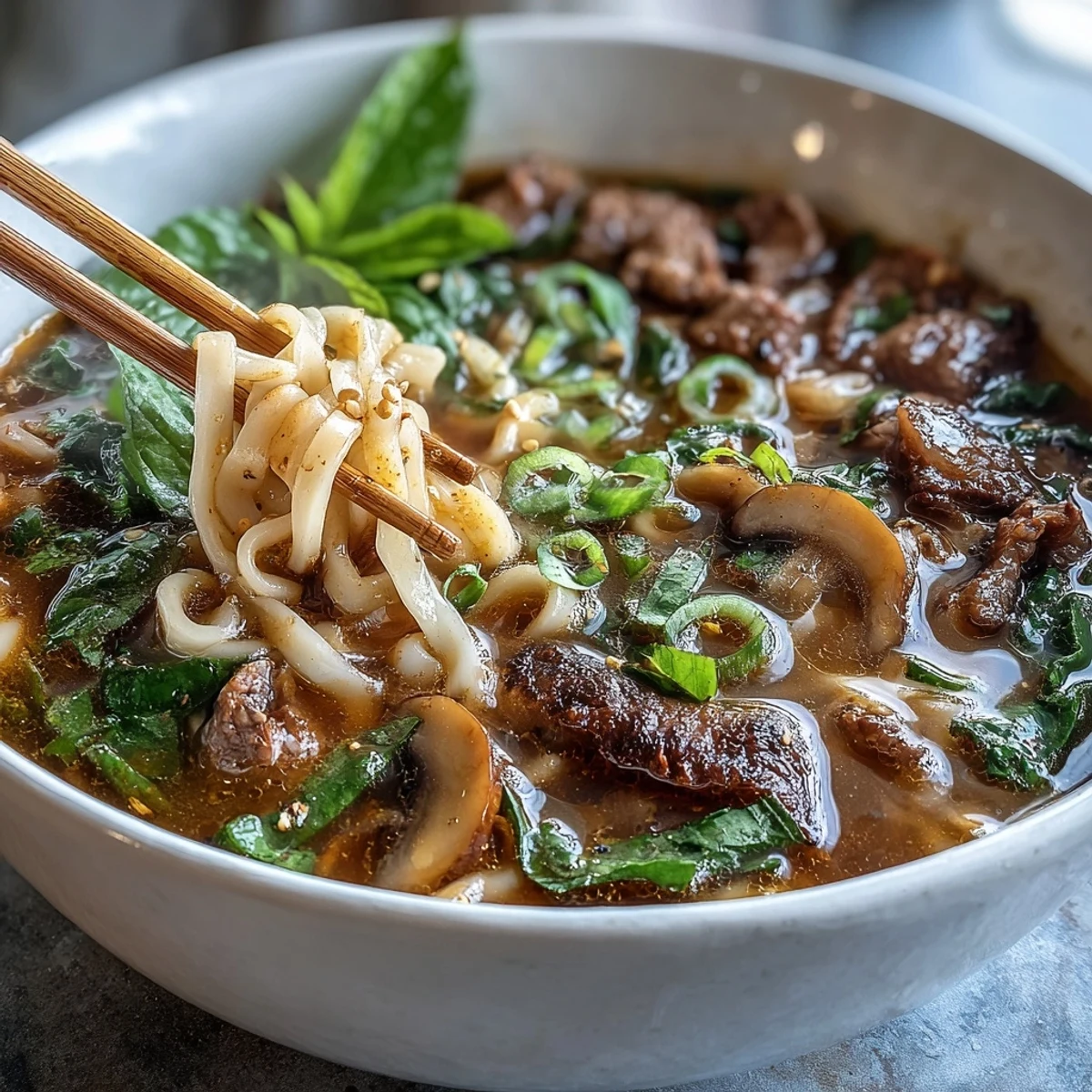 A steaming Asian hot pot noodle feast with tender beef slices, fresh vegetables, and aromatic broth simmering at the table.