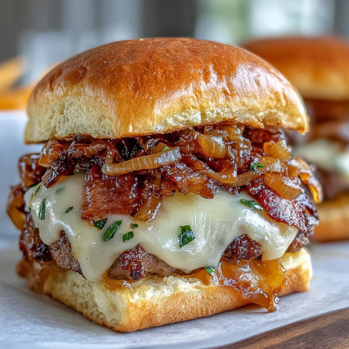 Golden-brown beef patties smashed thin and topped with sweet, buttery caramelized onions and gooey American cheese on toasted mini brioche buns.  