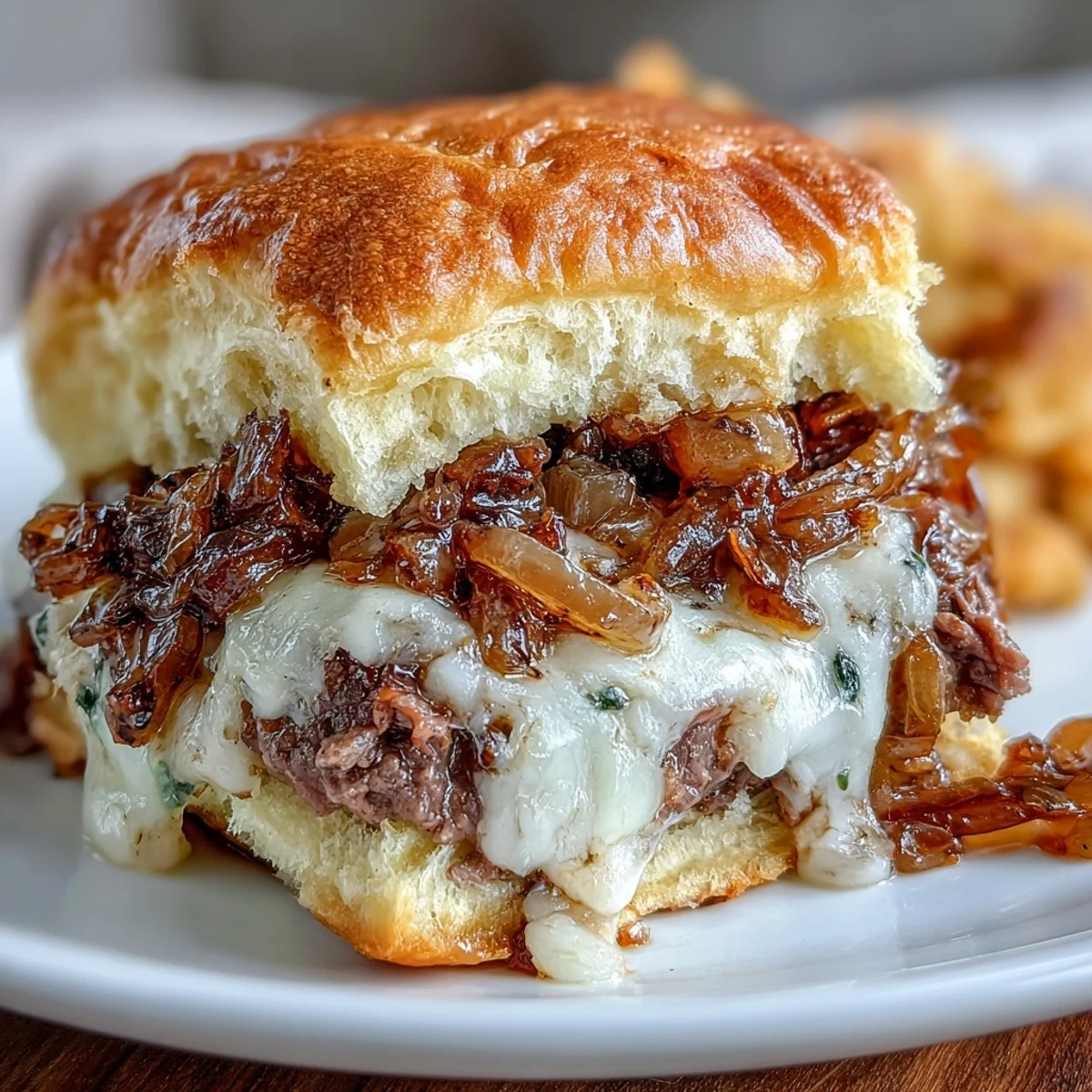 Juicy mini smash burgers with caramelized onions and melted cheese, served on soft slider buns for a satisfying bite-sized meal.  