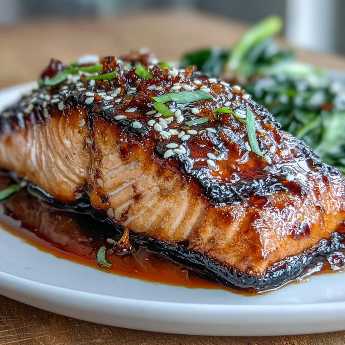 Oven-baked teriyaki glazed salmon with a glossy finish, served with toasted sesame seeds and fresh green onions for a vibrant, savory dish.