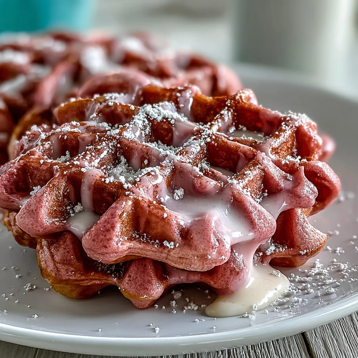 Fluffy pink velvet waffles with cocoa and cream cheese drizzle, a festive and indulgent brunch treat.