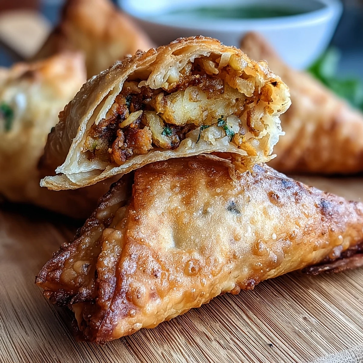 Golden, crispy air-fried vegetable samosas filled with spiced potatoes, peas, and carrots, served with fresh mint chutney.
