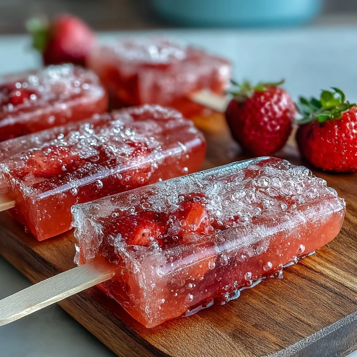 Vibrant strawberry mimosa popsicles with fresh strawberries and sparkling wine, perfect for Galentine's celebrations or brunch gatherings.