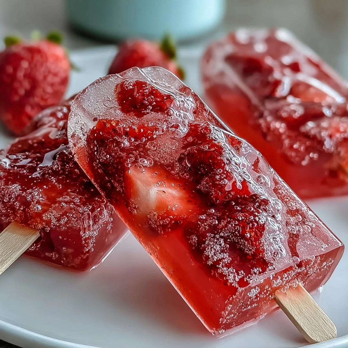 Refreshing Galentine's strawberry mimosa popsicles made with fresh strawberries, orange juice, and bubbly Prosecco, served in a festive glass.