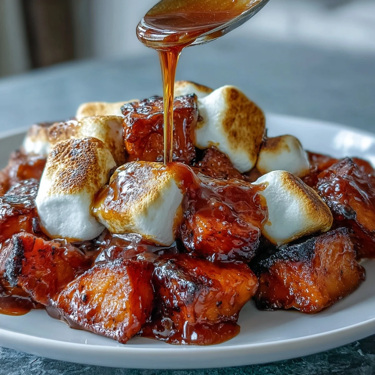 Baked candied yams with vanilla glaze and toasted marshmallows, a comforting holiday side dish.