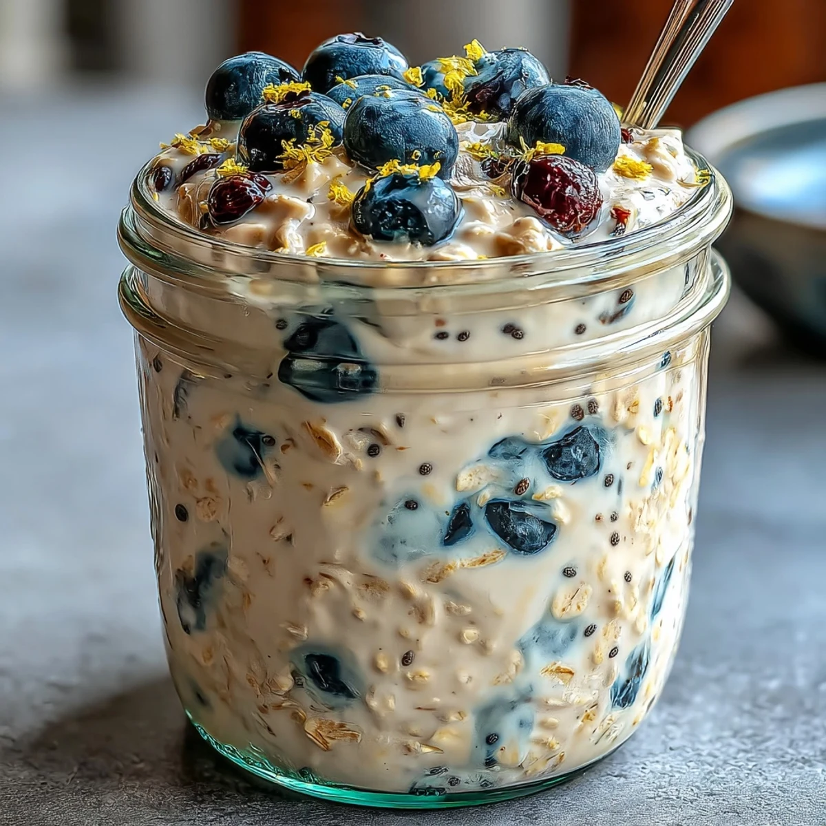 Creamy overnight oats with blueberry lemon zest, layered with fresh fruit and a bright citrus twist.