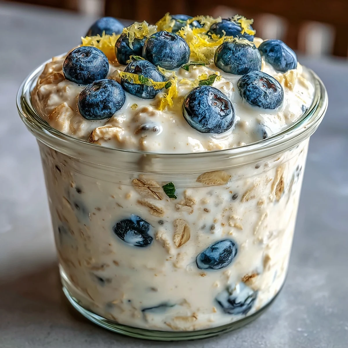 A make-ahead breakfast of overnight oats featuring juicy blueberries, lemon zest, and creamy Greek yogurt.
