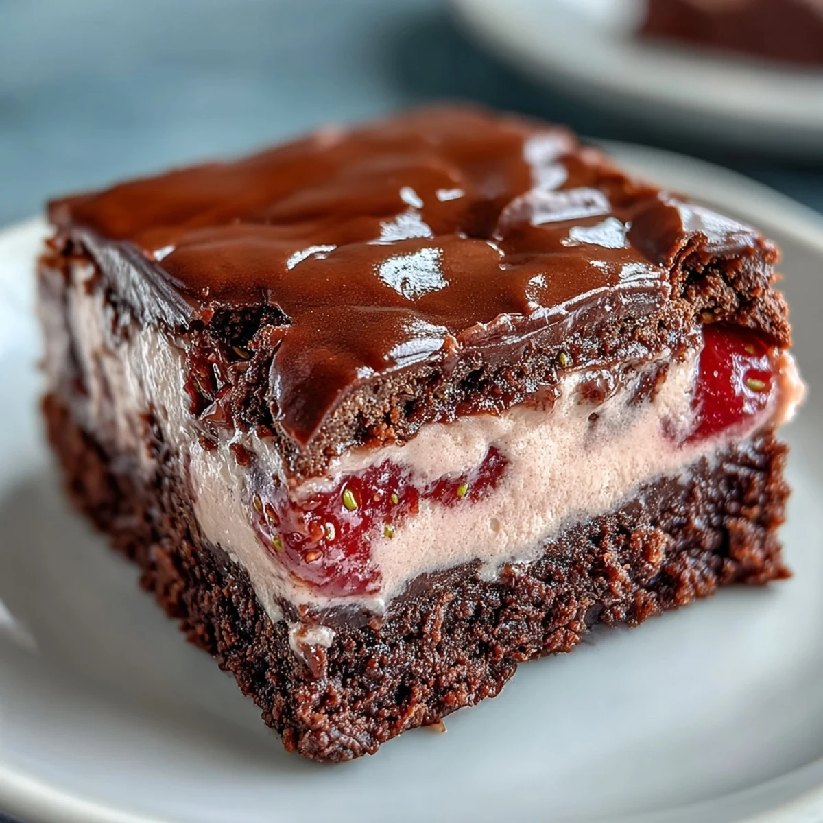 Decadent Valentine brownies with fudgy chocolate base and creamy strawberry cheesecake swirl, topped with fresh strawberries.