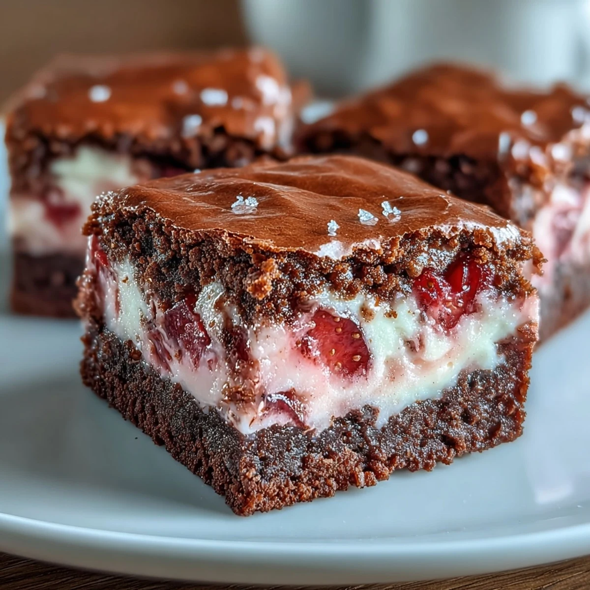 Rich chocolate brownies marbled with luscious strawberry cheesecake and garnished with fresh fruit for a romantic dessert.