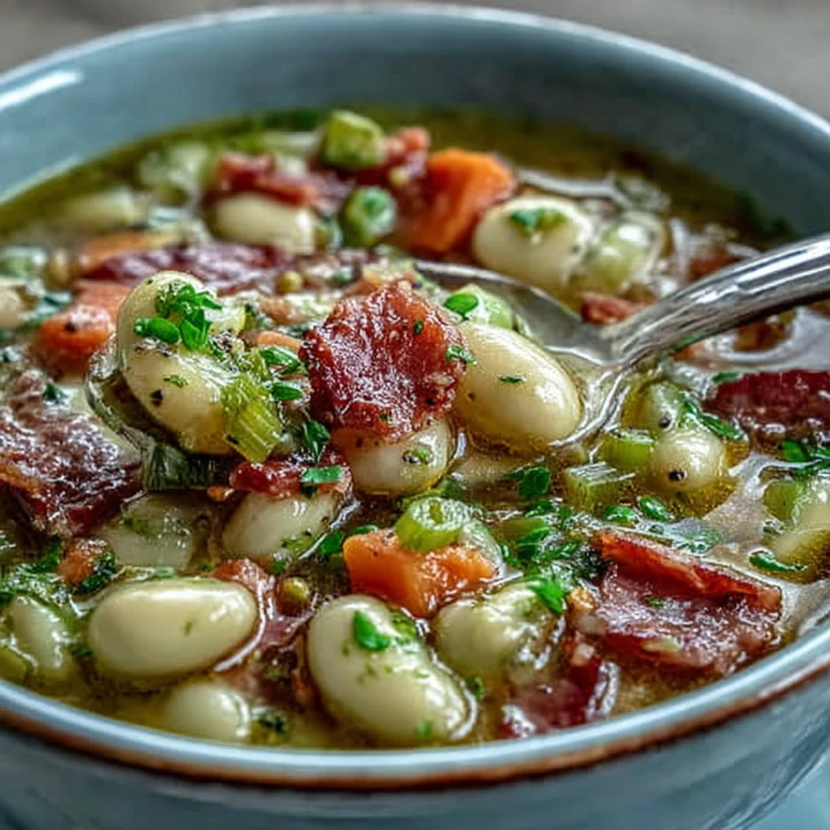 Hearty bowl of Ham and Lima Bean Soup with tender ham chunks and creamy lima beans in a savory broth.  