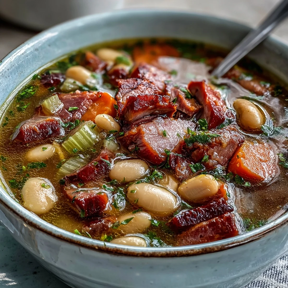 Classic Ham and Lima Bean Soup featuring soft lima beans, savory ham, and fresh parsley garnish in a rustic country-style bowl.