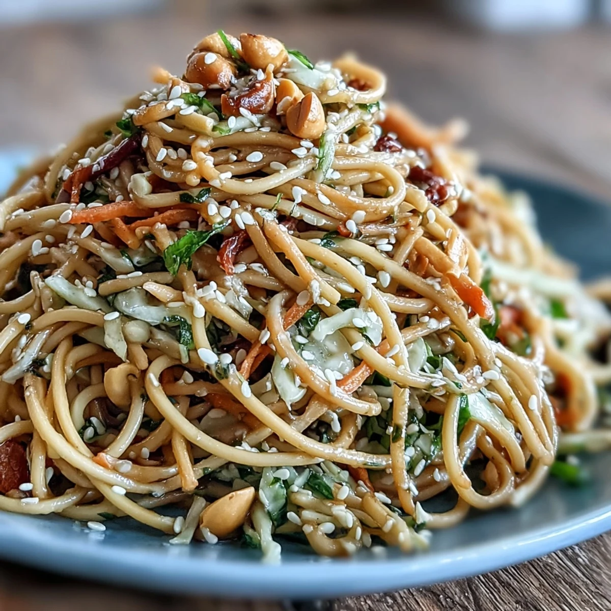 Close-up of colorful Asian Sesame Noodle Salad with Peanut Dressing, showcasing crisp red cabbage, carrots, bell pepper, and creamy peanut dressing coating tender noodles.  