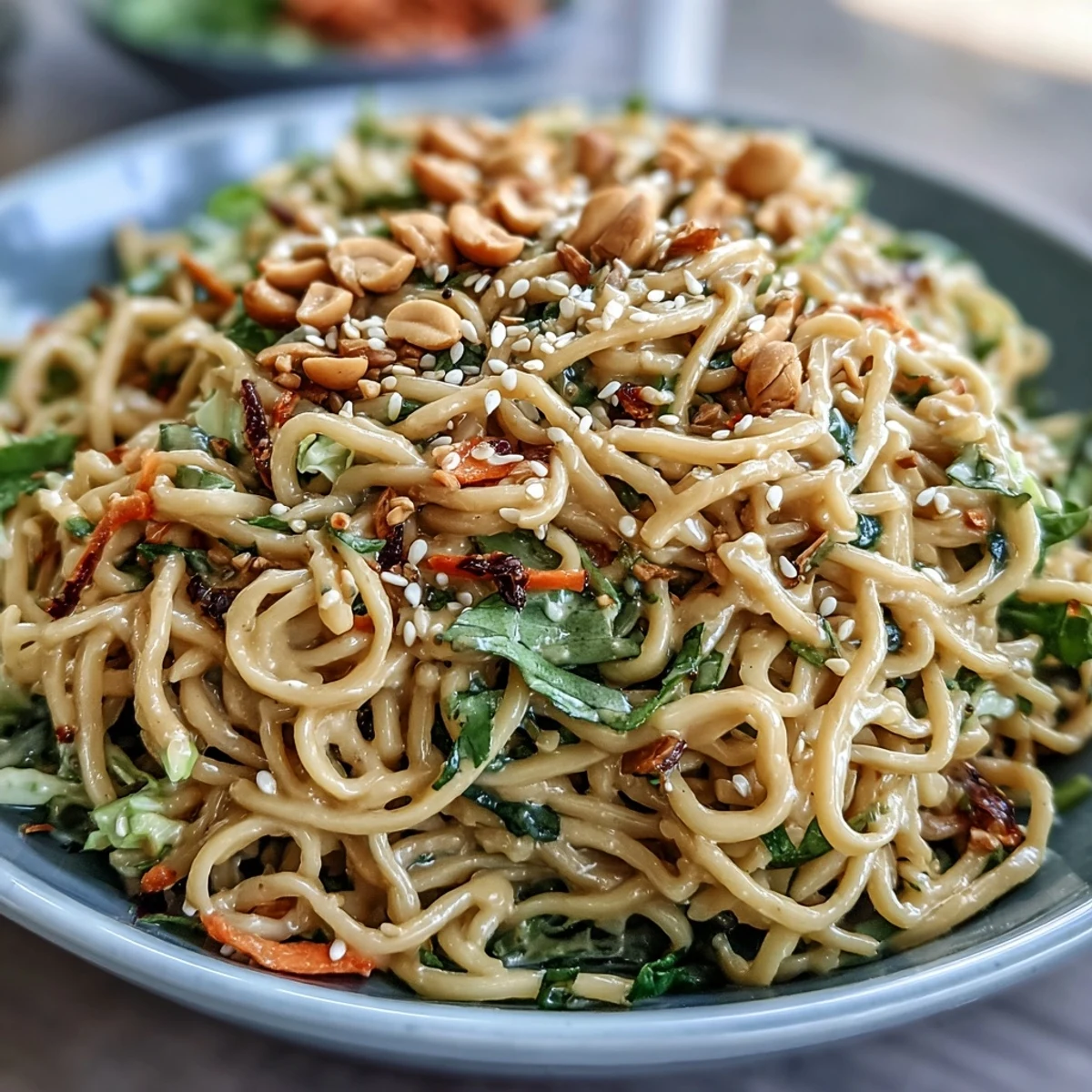 Asian Sesame Noodle Salad with Peanut Dressing served on a platter, garnished with toasted sesame seeds and fresh cilantro, perfect for a light lunch or dinner.