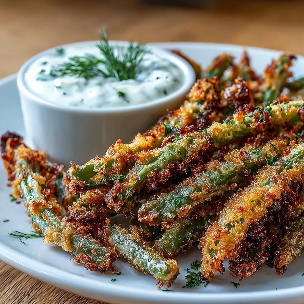 Air fryer green bean fries with light crunch and savory seasoning, alongside cool, tangy ranch yogurt sauce.