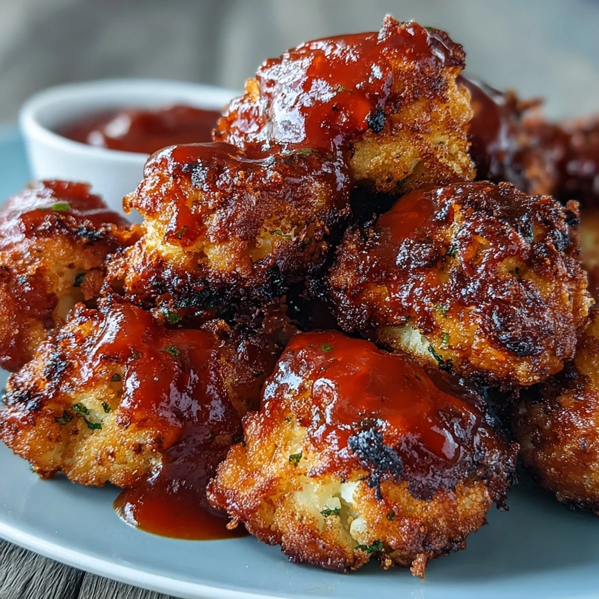 Crispy cauliflower florets tossed in tangy Buffalo sauce, served as a healthy plant-based appetizer.  