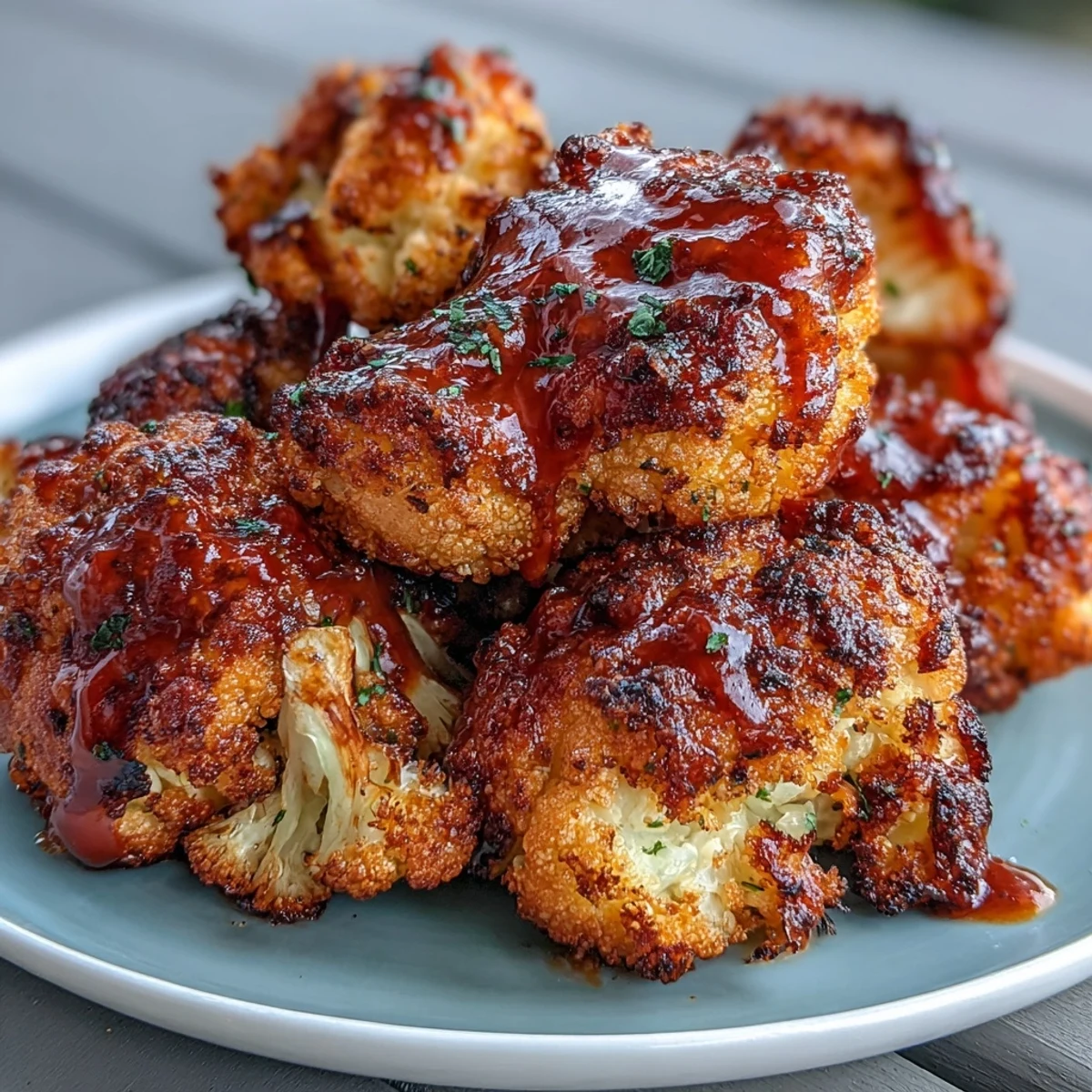 Spicy cauliflower bites with Buffalo sauce, air-fried to crispy perfection for a guilt-free treat.