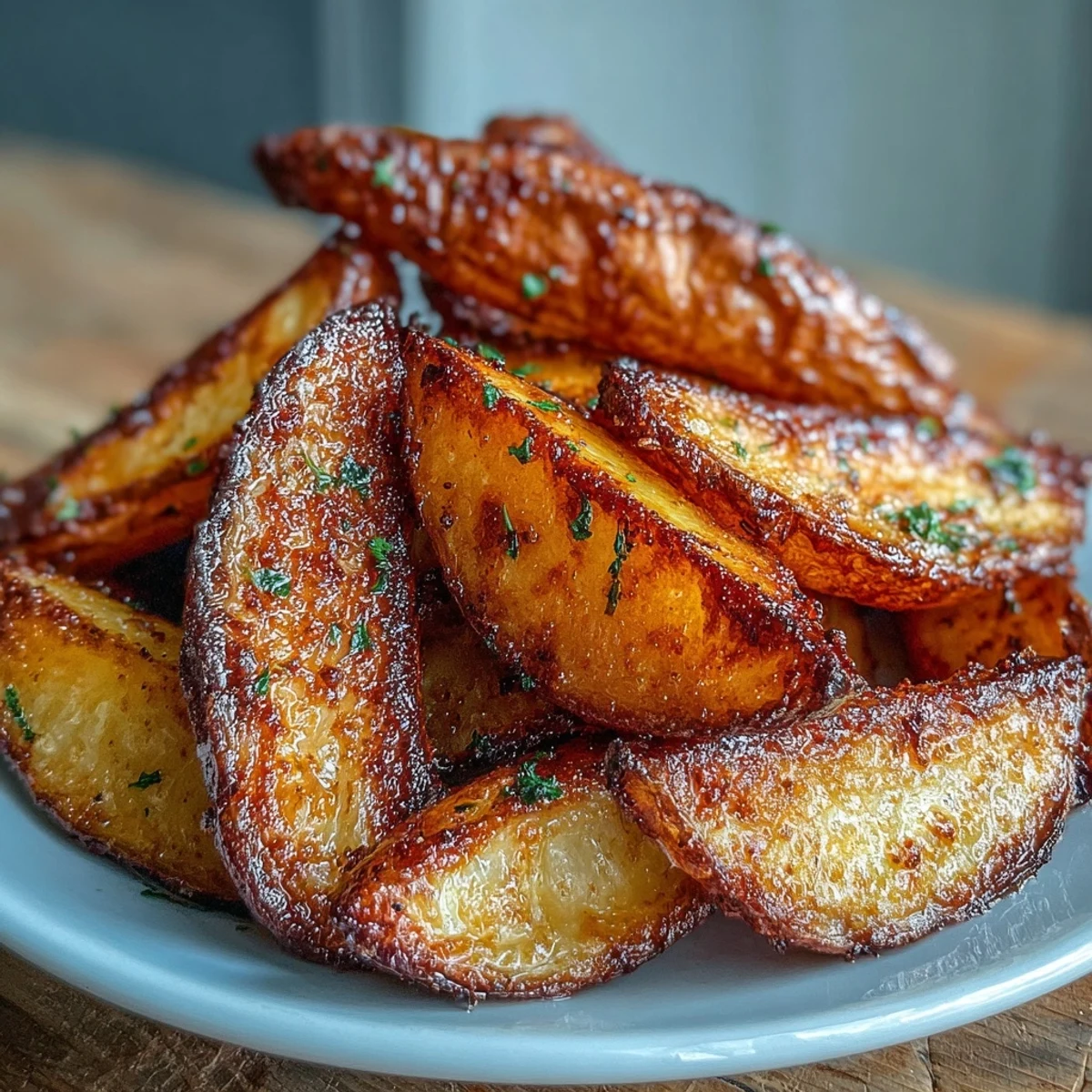 A plate of hot air-fried potato wedges paired with tangy spring onion dip, perfect for dipping and sharing.  