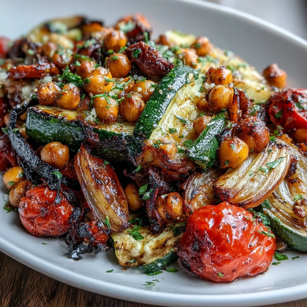 A colorful roasted vegetable medley with chickpeas, tossed in lemon and garlic, perfect for a healthy Mediterranean side dish.