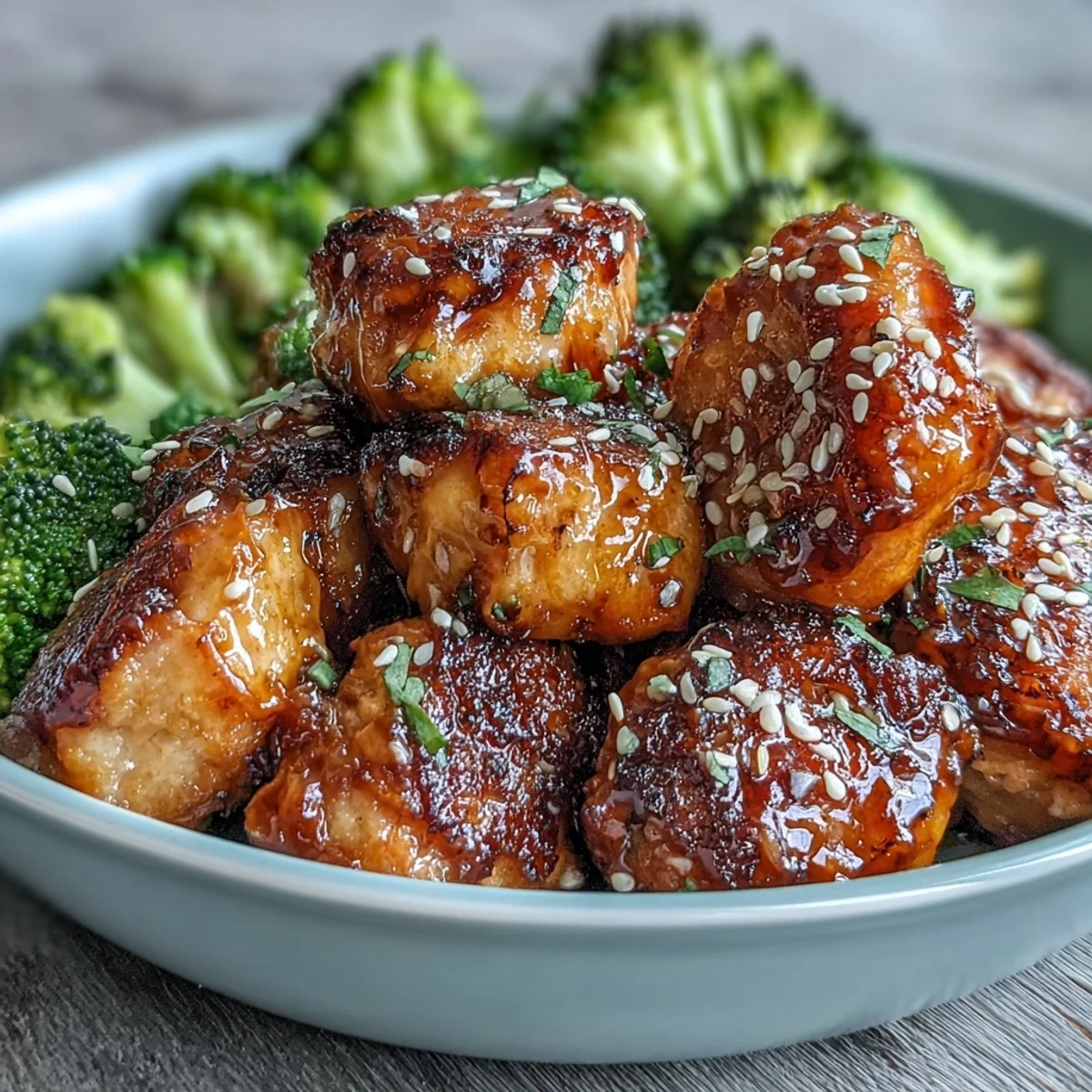 Air-fried chicken pieces tossed in honey garlic glaze, paired with perfectly roasted broccoli for a healthy flavorful meal.  