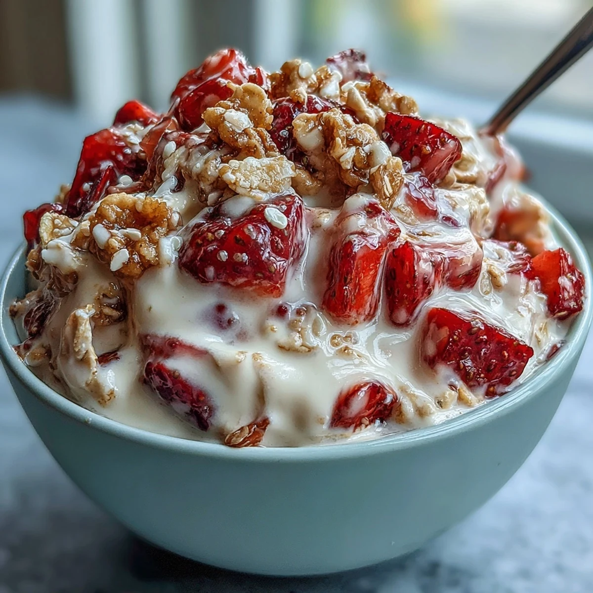 Layered strawberry shortcake overnight oats featuring sweet strawberries, creamy vanilla yogurt, and hearty oats for a healthy, dessert-inspired morning treat.