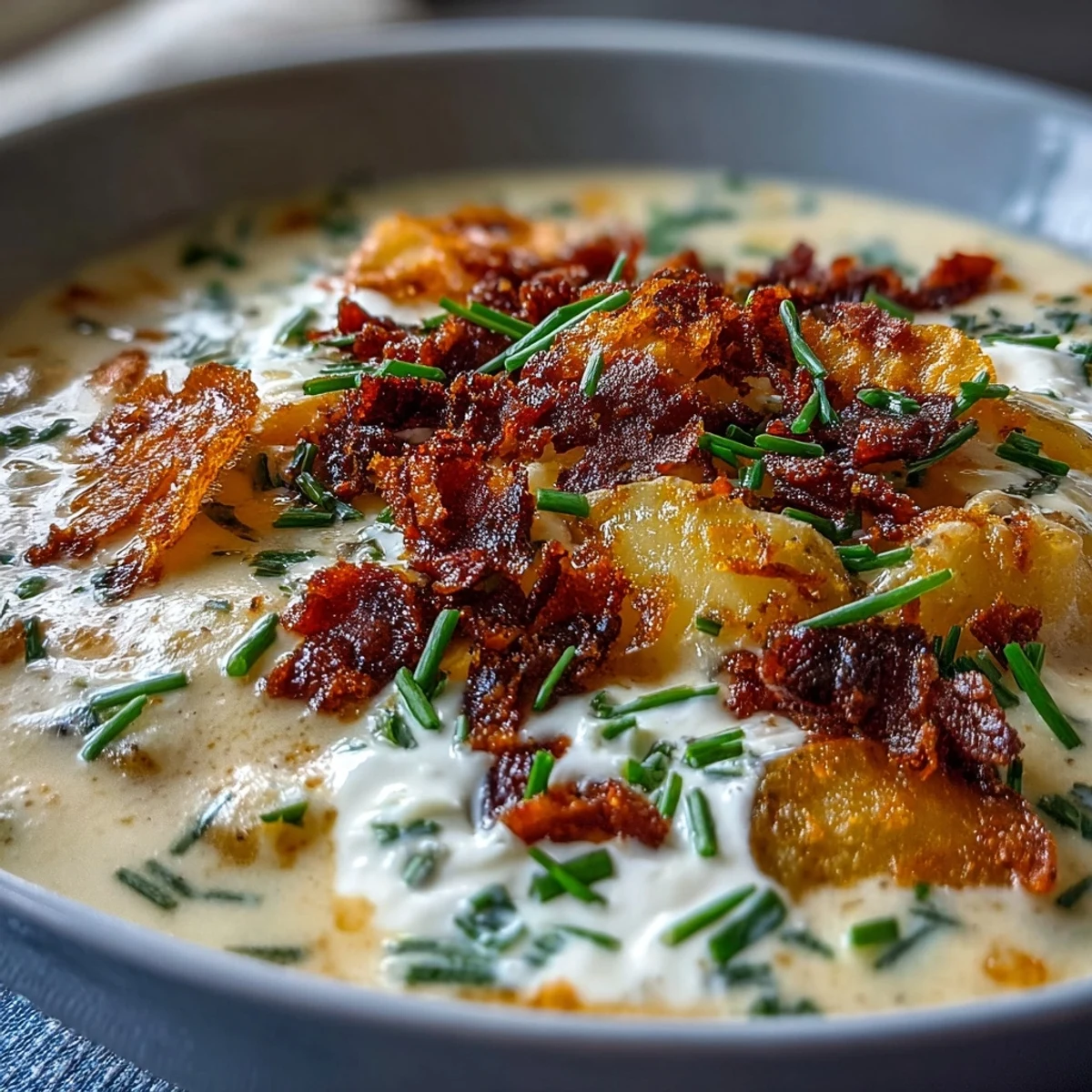 Creamy loaded baked potato soup with melted cheddar and crispy potato chips, inspired by classic funeral potatoes.  