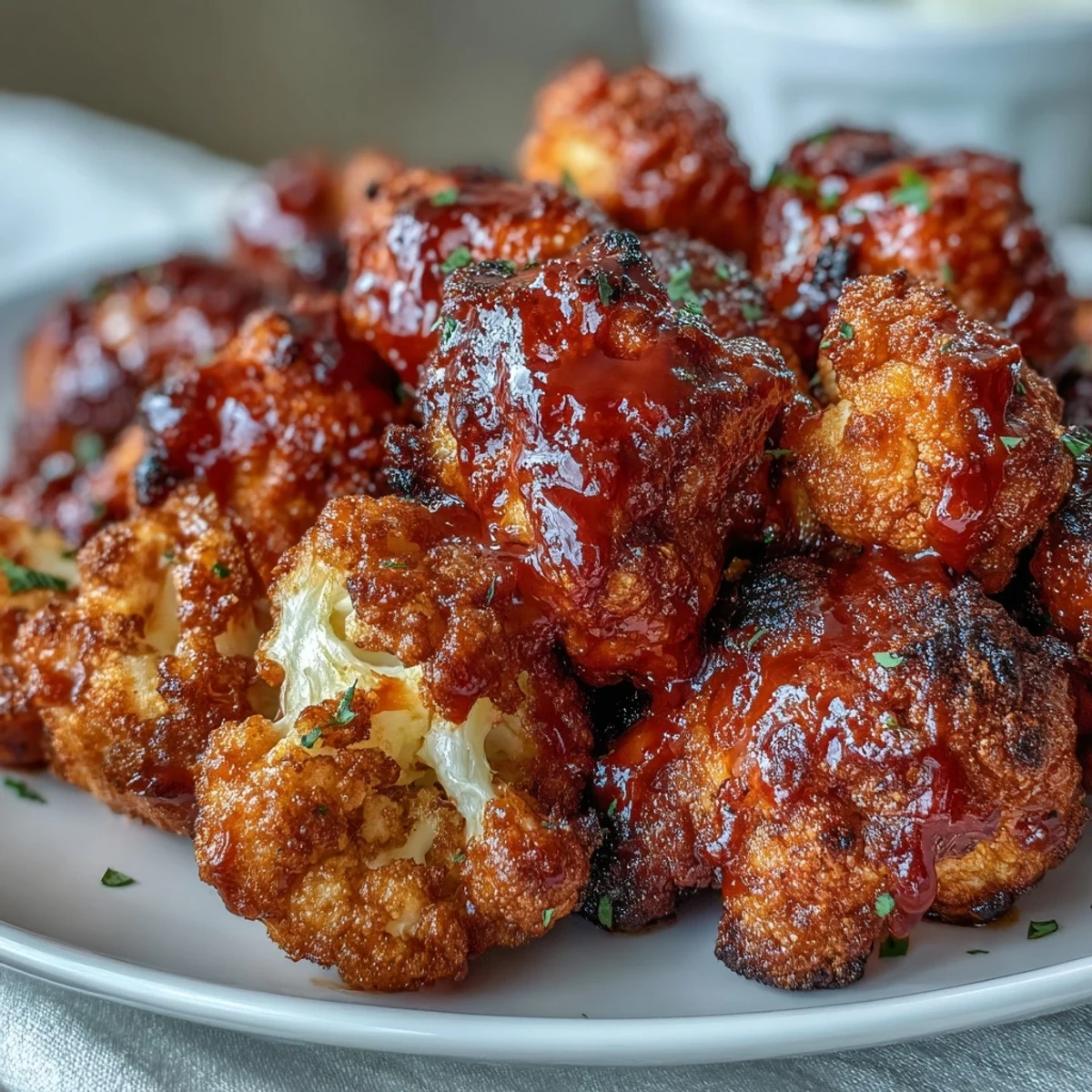 Golden-brown air-fried cauliflower wings coated in spicy Buffalo sauce, perfect for vegan snacking.  