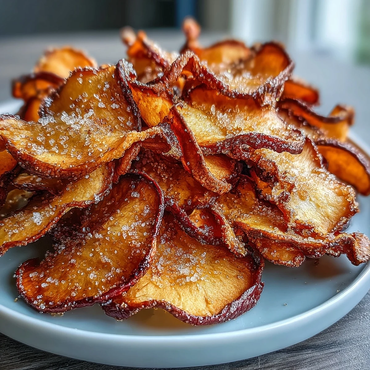 Thinly sliced apples dusted with cinnamon sugar, air-fried to perfect crispness for a healthy snack.  