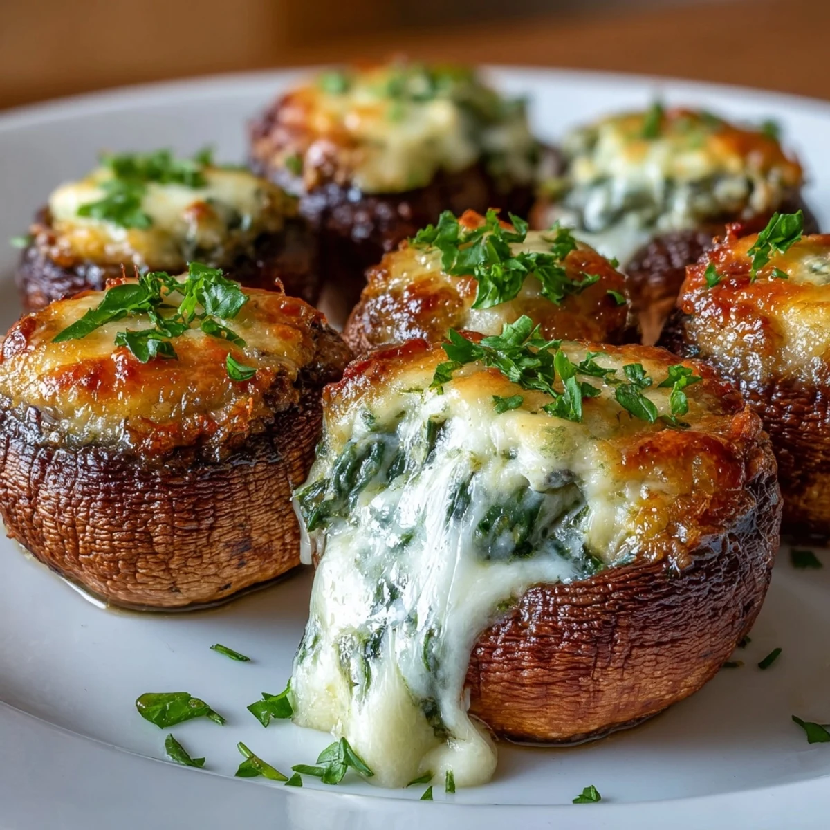 Creamy spinach and cheese stuffed mushrooms, golden and crisp from the air fryer, perfect for a quick vegetarian appetizer.  