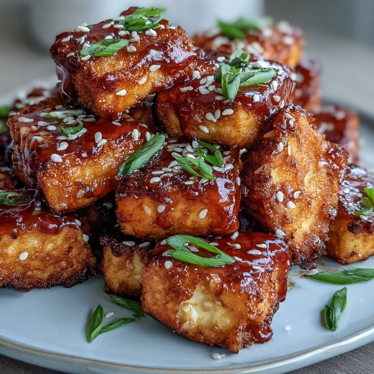 Air-fried tofu nuggets with a sticky sweet chili glaze, garnished with sesame seeds and green onions for extra crunch.  