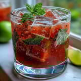 Refreshing non-alcoholic watermelon mint vodka spritz with sparkling water and citrus garnish.