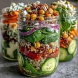 Colorful, nutrient-dense mason jar salads with cherry tomatoes, chickpeas, and protein for a satisfying lunch.