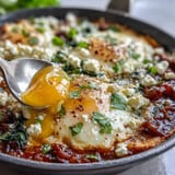 Vibrant spinach and feta shakshuka, a savory breakfast dish with runny egg yolks and crumbled cheese.  