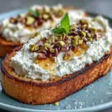 Golden artisanal bread topped with fluffy whipped ricotta, honey drizzle, and nuts.
