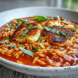 Hearty Tomato Soup Orzo, a comforting dish with buttery grilled cheese croutons.