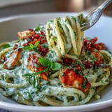 A close-up photo of Creamy Pesto Pasta with Chicken, beautifully garnished with basil.
