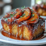 A slice of tender Brown Sugar Peach Upside-Down Cake with juicy fruit.