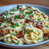Savory vegetarian Caramelized Cabbage Carbonara, glistening with a rich, cheesy sauce.
