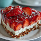 A festive slice of Strawberry Pretzel Jello Salad, showcasing sweet and salty textures.