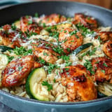 Golden seared chicken in One-Pan Lemon Chicken and Zucchini Orzo dish.
