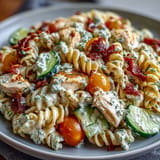 Hearty cold pasta salad featuring chicken, bacon, and creamy ranch dressing.